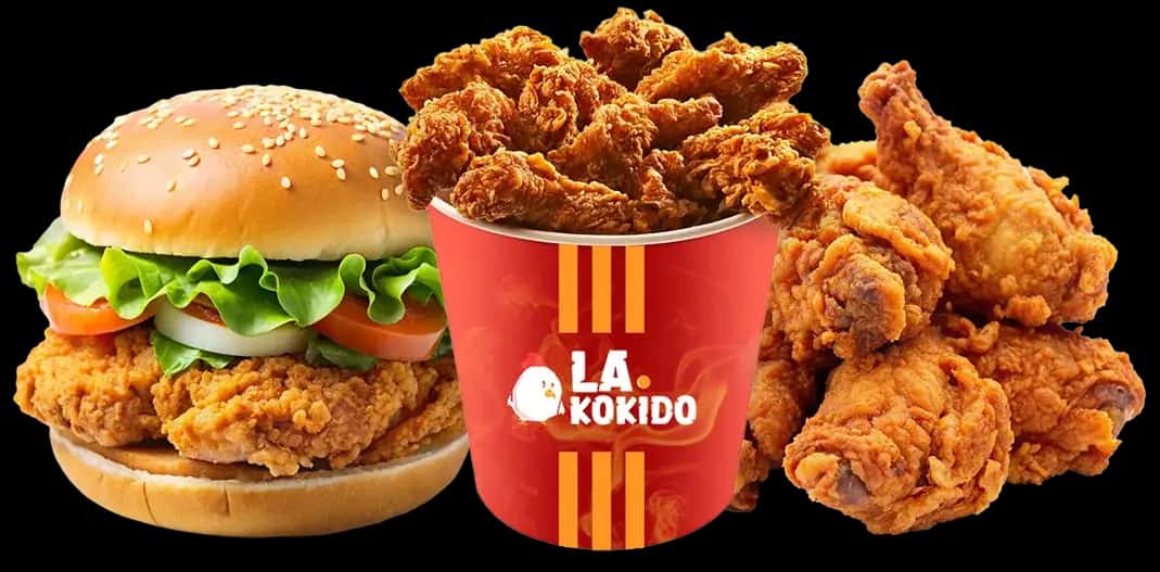 La Kokido fried chicken bucket, burger, and wings